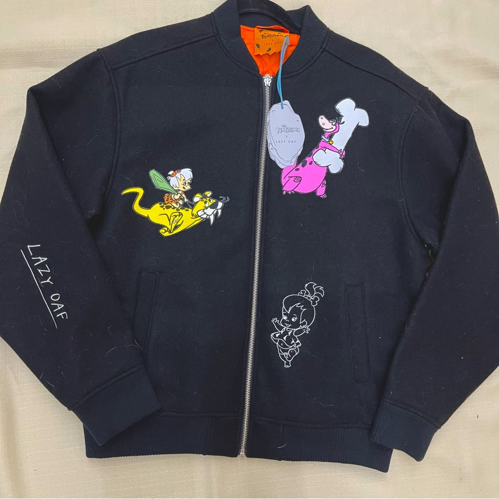 Lazy Oaf flintstones wool black embroidered lined bomber jacket NWT unisex S M